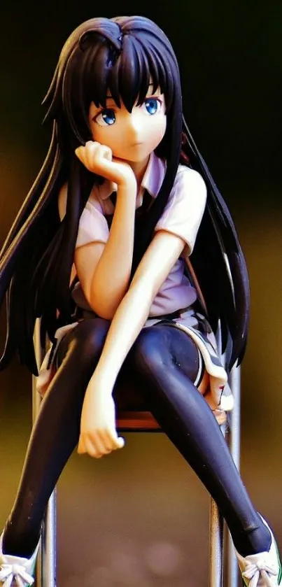 Anime figure with dark hair seated in a contemplative pose on a chair.