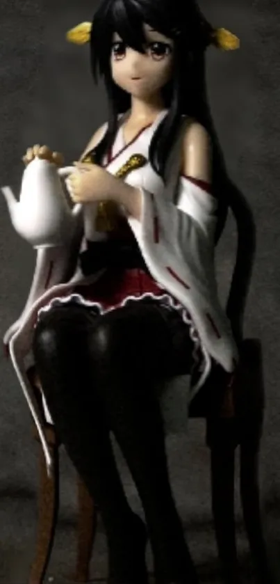 Anime figure on a chair in a dark, textured room setting.