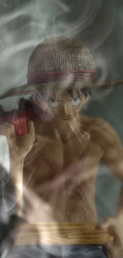 Anime figure with straw hat in moody lighting.