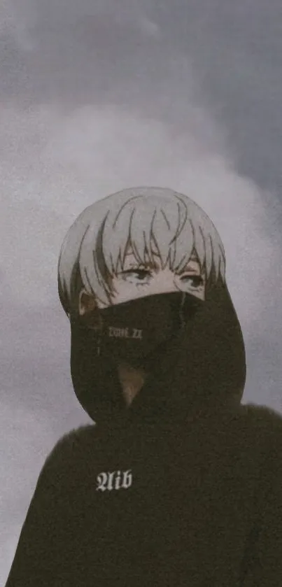 Anime figure in a dark hoodie against a grey, cloudy sky.