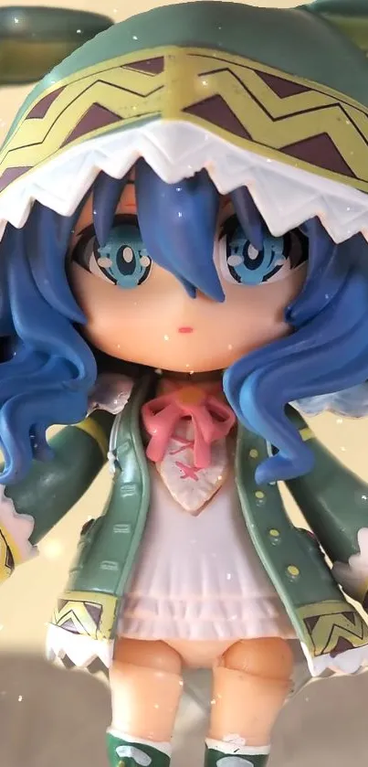 Anime figure with blue hair and green hoodie as mobile wallpaper.