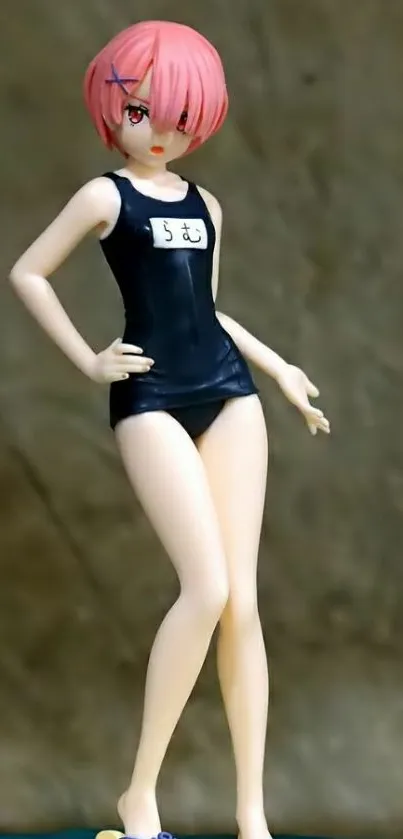 Anime figure with pink hair in black swimsuit.