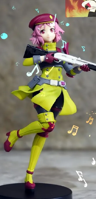 Anime figure in bright yellow costume with a gun.