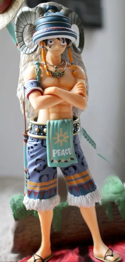 Anime figure with vibrant colors, wearing a unique outfit, showcasing detailed craftsmanship.