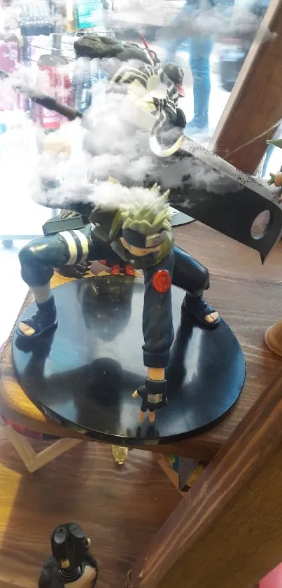 Dynamic anime figure in action pose on wooden display.