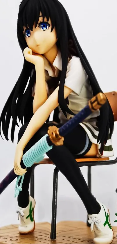 Anime figure with sword and panda sits on chair.