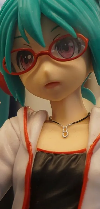Anime figure with teal hair and red glasses in stylish pose.