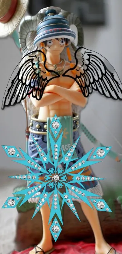 Anime figure with wings and teal snowflake design.