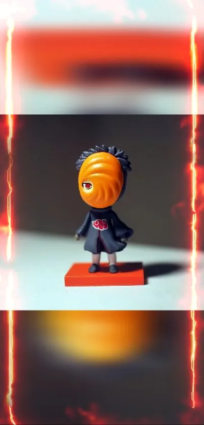 Anime figurine with fiery flames and orange accents on mobile wallpaper.