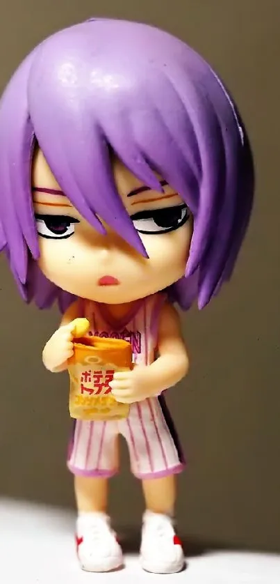 Chibi anime figurine with purple hair holding a small item, ideal for wallpaper use.