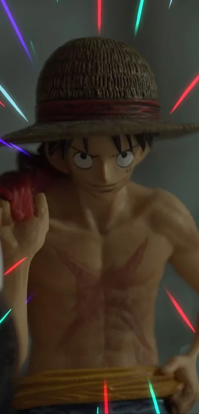 Anime figurine with radiant colorful lights.