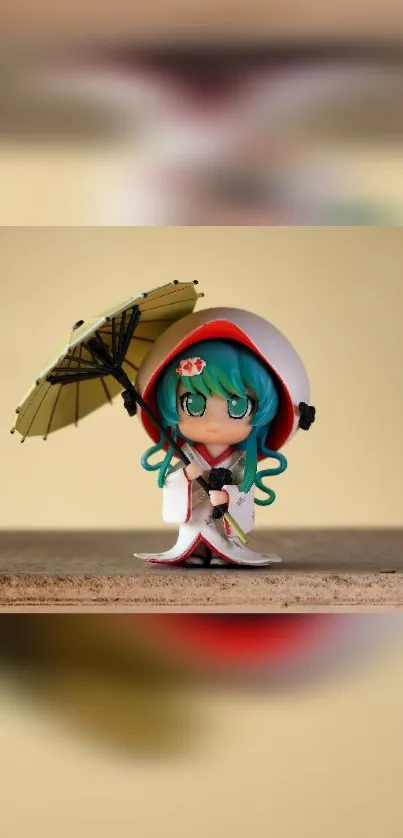 Anime figurine with teal hair holds an umbrella on a beige background.