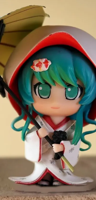 Anime figurine holding a traditional umbrella on a beige background.