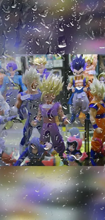 Anime figurines viewed through a rain-covered glass display.