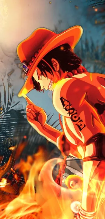 Anime character with fiery background art, featuring vibrant colors and dynamic energy.