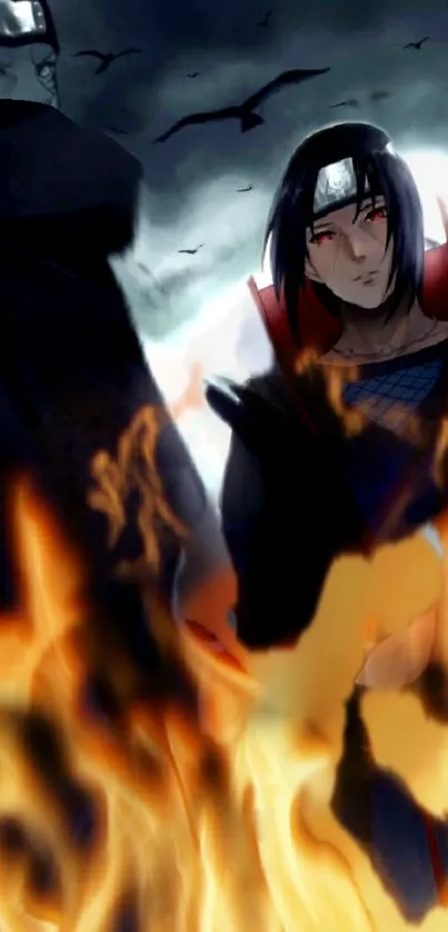 Anime characters in fiery scene with dark background.