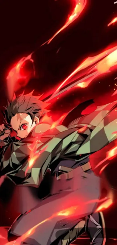 Anime warrior with fiery red background and glowing flames.