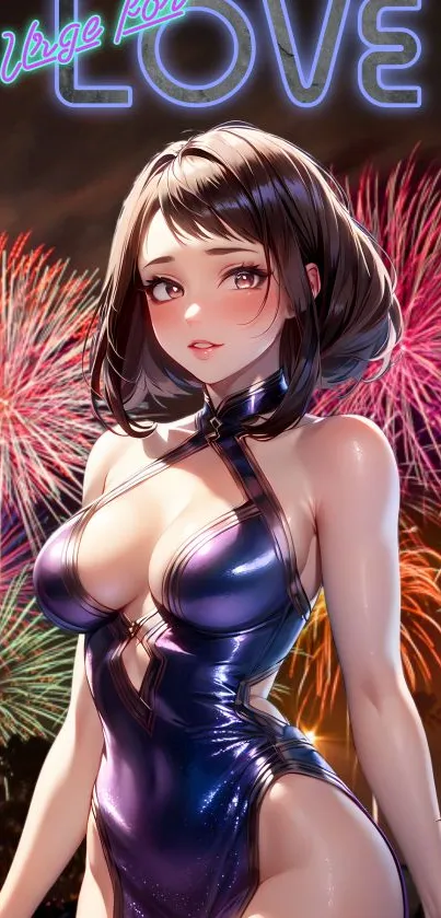 Anime girl with fireworks background and neon text.