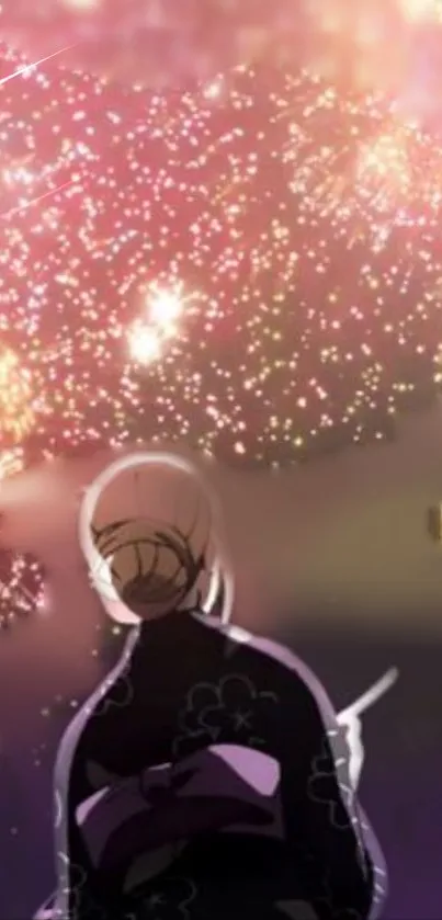 Anime character under vibrant fireworks in the night sky.