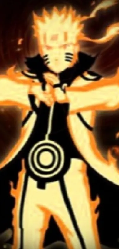 Anime warrior engulfed in flames with an intense orange hue.