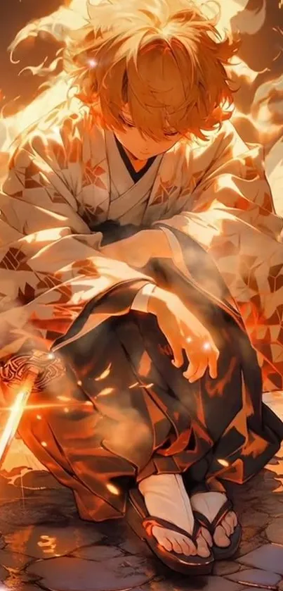 Anime warrior in flames with a sword, vibrant and dynamic mobile wallpaper.