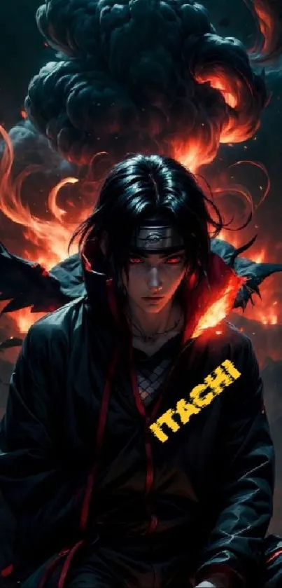 Anime character with fiery background and dark theme.