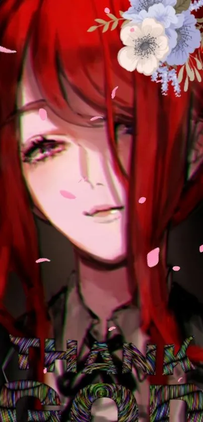 Anime character with red hair and floral art