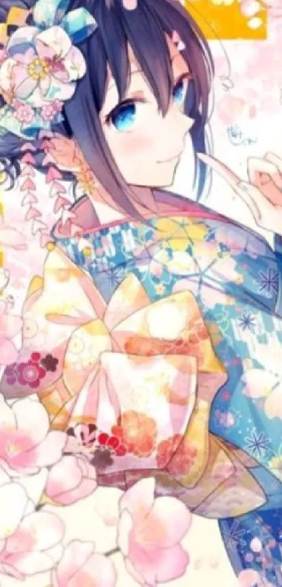 Anime girl in floral kimono with cherry blossoms.