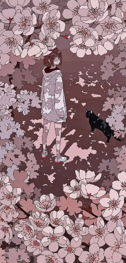 Anime girl and cat in pink floral setting wallpaper.