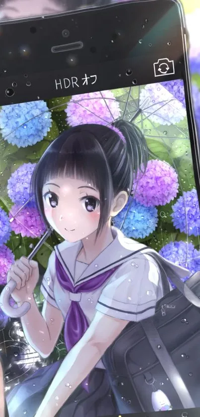 Anime girl with hydrangeas on phone wallpaper.