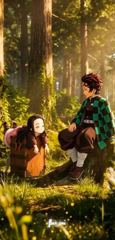 Anime forest scene with two iconic characters.