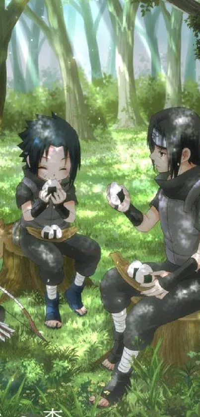 Anime characters in a peaceful forest setting.