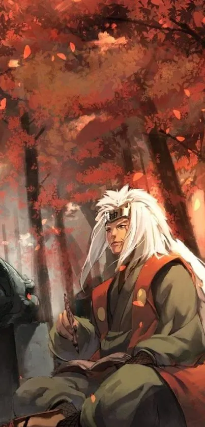 Anime warrior in an autumn forest scene.