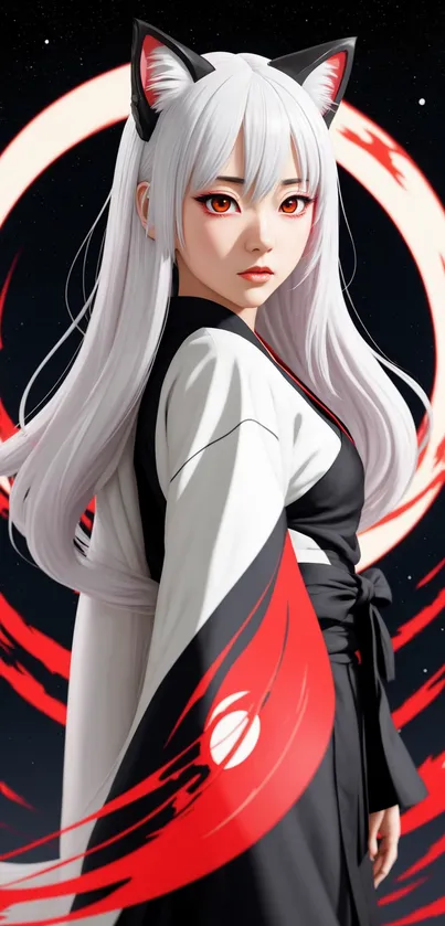 Anime fox warrior with white hair in a vibrant design.