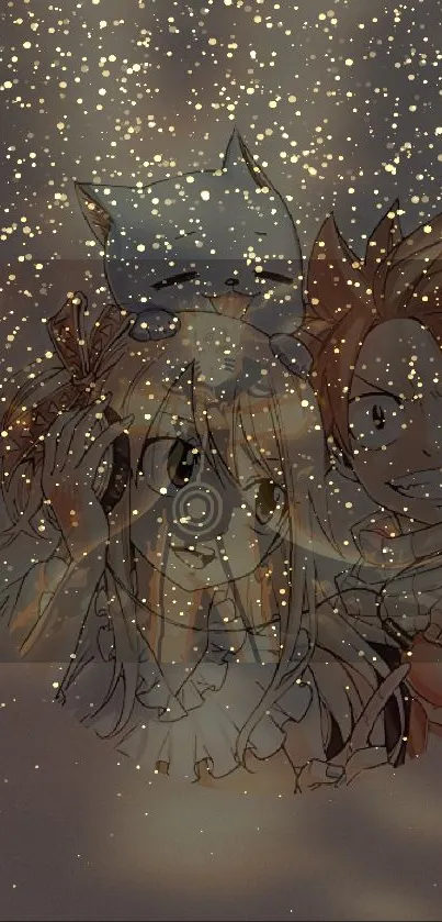 Anime characters with a starry effect background.