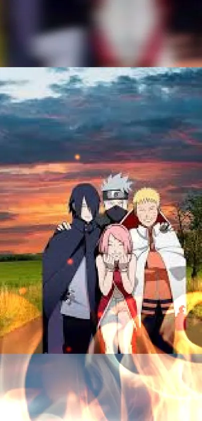 Anime characters standing together at sunset behind a fiery landscape.