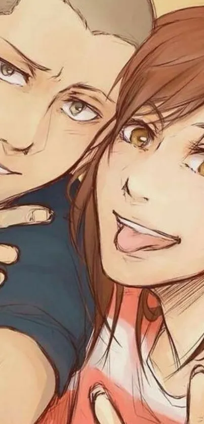 Anime friends taking a playful selfie illustration.