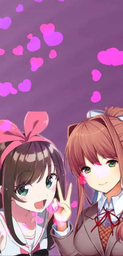 Cute anime friends with pink hearts on a purple background wallpaper.