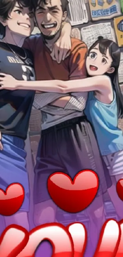Anime friends hugging with love hearts.