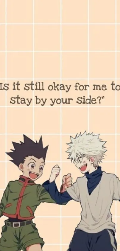 Anime characters with friendship quote on a peach background.