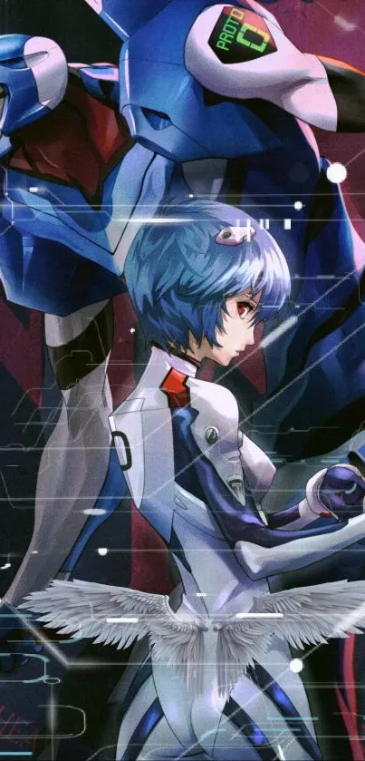 Anime wallpaper featuring a blue-haired character and a robot set in a sci-fi theme.