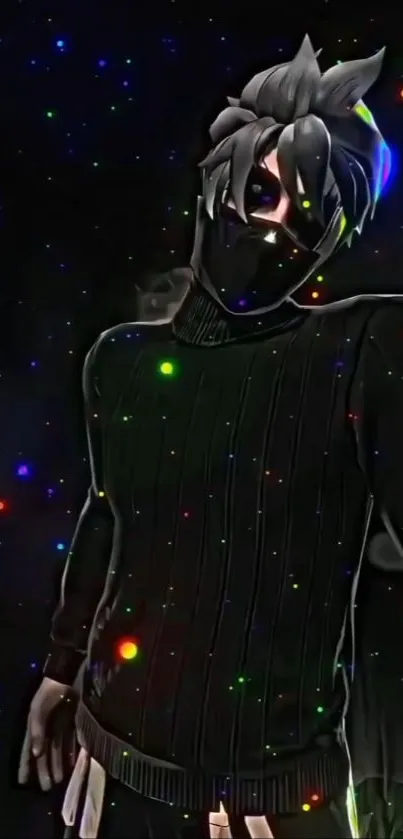 Anime character with galaxy background and colorful cosmic stars.