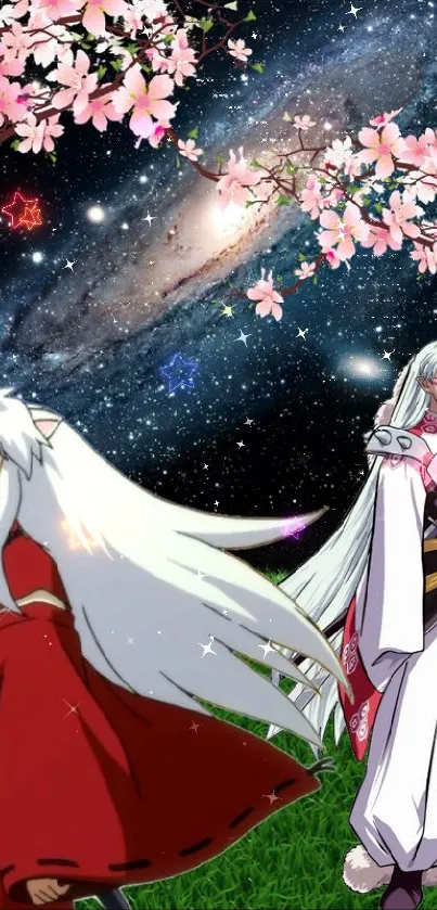 Anime characters with cherry blossoms and galaxy backdrop.