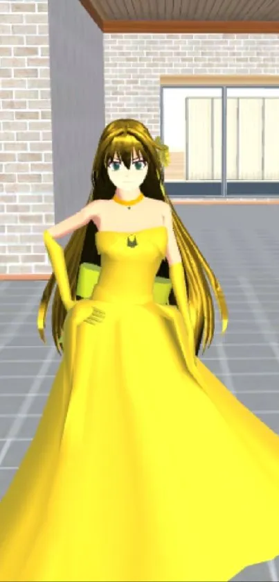 Anime girl in a yellow dress in a virtual game setting.