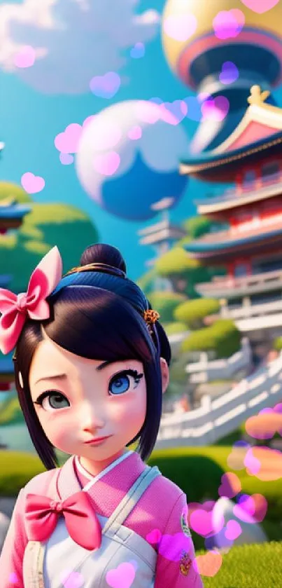 Anime character in a vibrant garden with traditional architecture.
