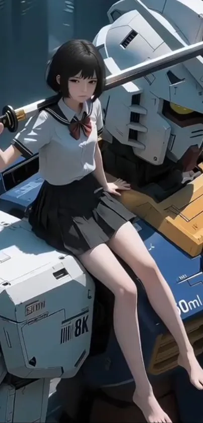 Anime girl with sword on robot in sci-fi world.