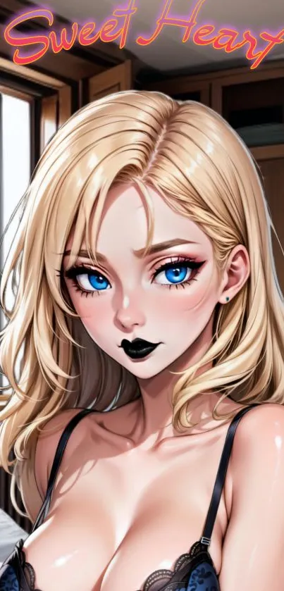 Anime girl with blonde hair, blue eyes, and gothic makeup in a cozy room.