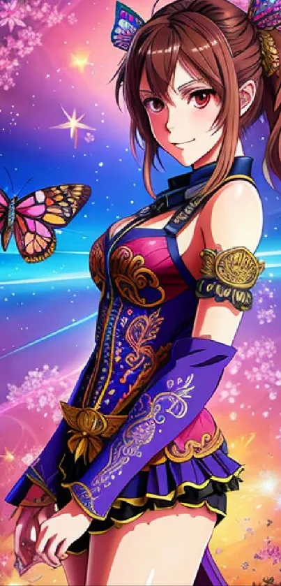 Anime girl with butterfly in a colorful, vibrant setting.