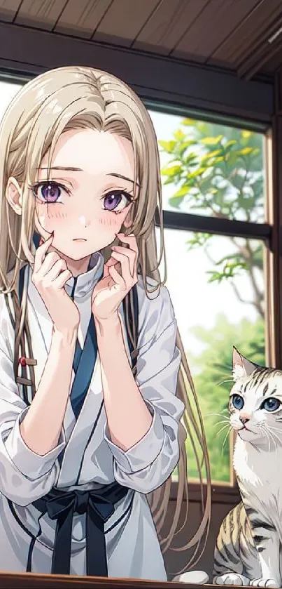 Anime girl with long blonde hair and a cat indoors.