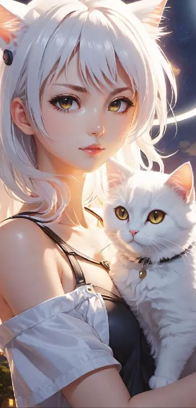 Anime girl with cat ears holding a white cat under moonlight.
